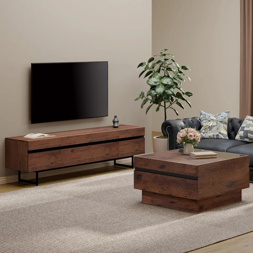 Modern TV Stand and Coffee Table Set of 2, Storage Entertainment Center for TVs Up to 75 inch, Square Center Table