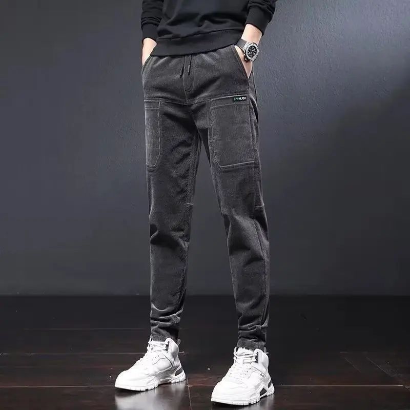 Autumn/Winter Men's Korean Fashion Corduroy Cargo Pants Elastic Straight Small Feet Sweatpants Male Casual Warm Trousers