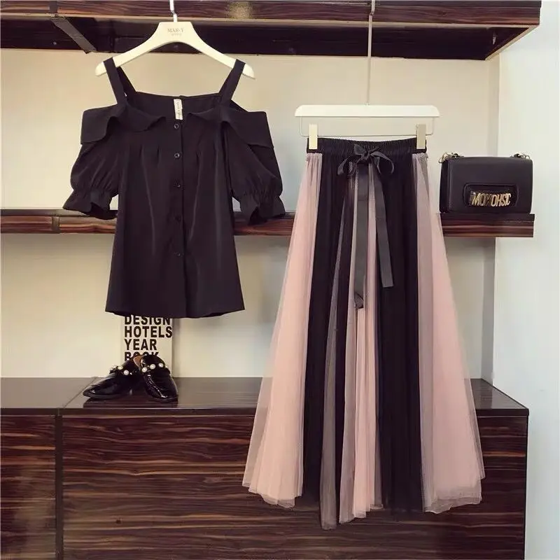 Women Summer Short Sleeve Top + Mesh Skirt 2 Pieces Set High Waist Skirts Suit 2023 Summer Female Outfit