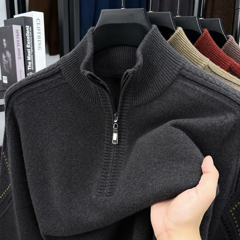 เสื้อผ้าถักไหมแคชเมียร์แพะสำหรับผู้ชาย แฟชั่นฤดูใบไม้ร่วงฤดูหนาว 2025 เสื้อสเวตเตอร์ซิปผู้ชาย เสื้อถักขนแกะ แขนยาว อุ่น