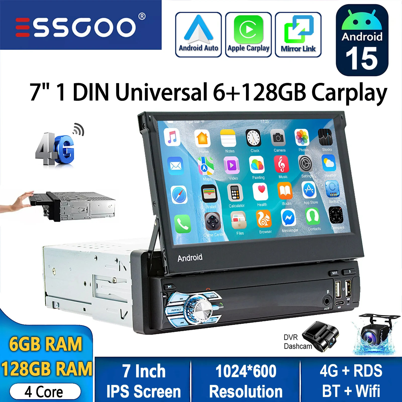 Autoradio ESSGOO Android 15 7 Inch 6+128G 1 DIN 8 Kern Uitklapbaar Touchscreen Draadloze CarPlay Android Auto GPS Navigatie WIFI RDS Bluetooth Stuurwielbediening 4G FM USB Type-C AUX