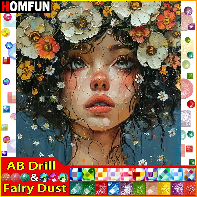 

HOMFUN Fairy Dust AB Diamond Painting "Portrait Girl Flower" 5D DIY Diamond Embroidery Full Square/round Rhinestone Of Picture