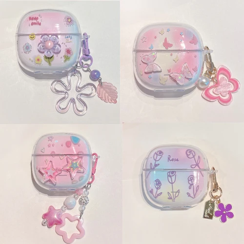 Funda para auriculares Redmi Buds 6 lite, bonita funda para auriculares con gradiente colorido DIY de flores/mariposas/estrella con llavero para niñas