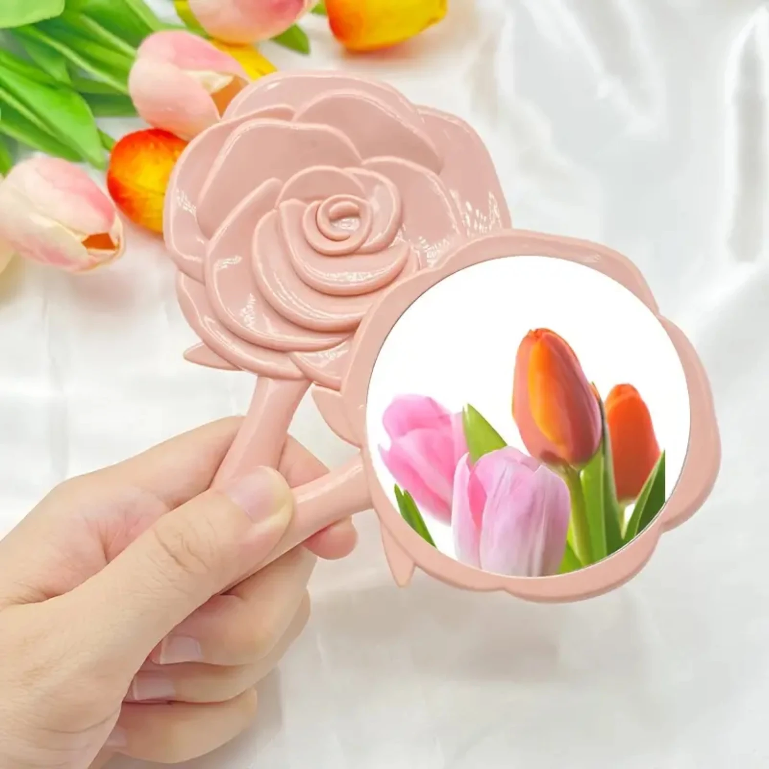 Rose Handheld Cosmetic Mirror with Handle for Wedding Travel Camping Home