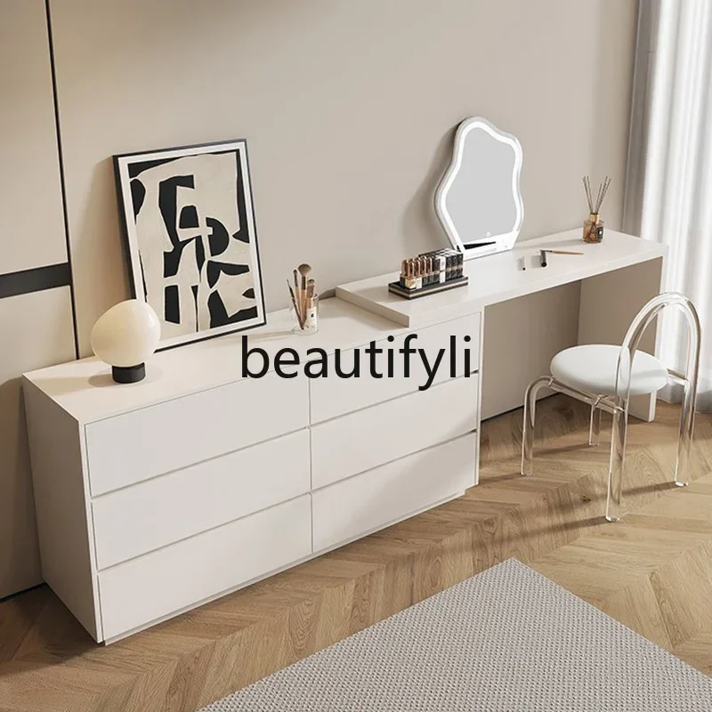 CQY Cream Style Dressing Table with Integrated Storage and Chest of Drawers, Light Luxury Solid Wood Makeup Table