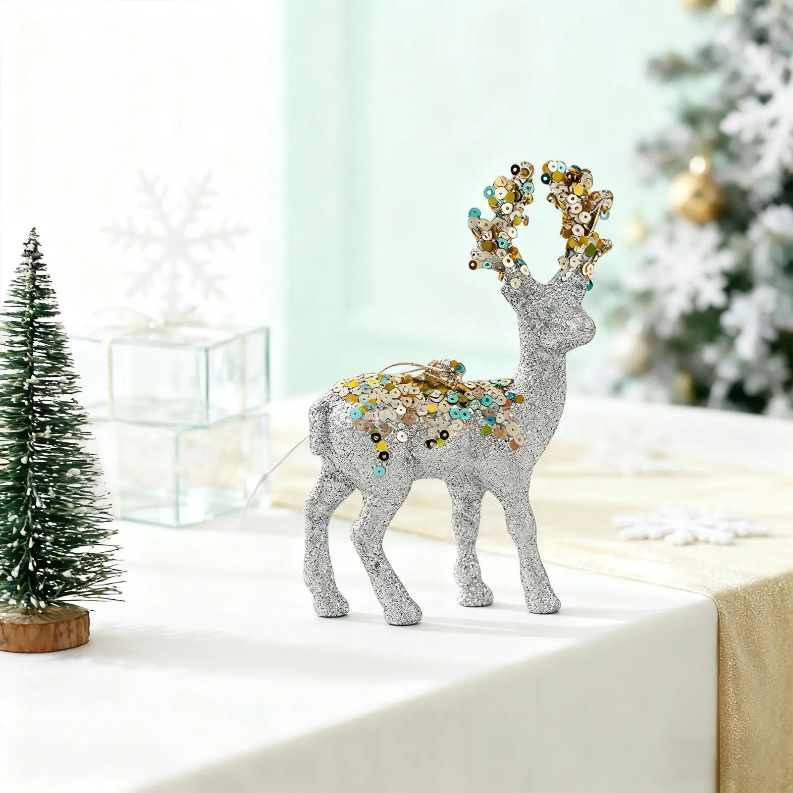 Reindeer Statue Decor Glitter Flocked Christmas Figurine Decorative Holiday Statue For Collectors Photography Home Living Room