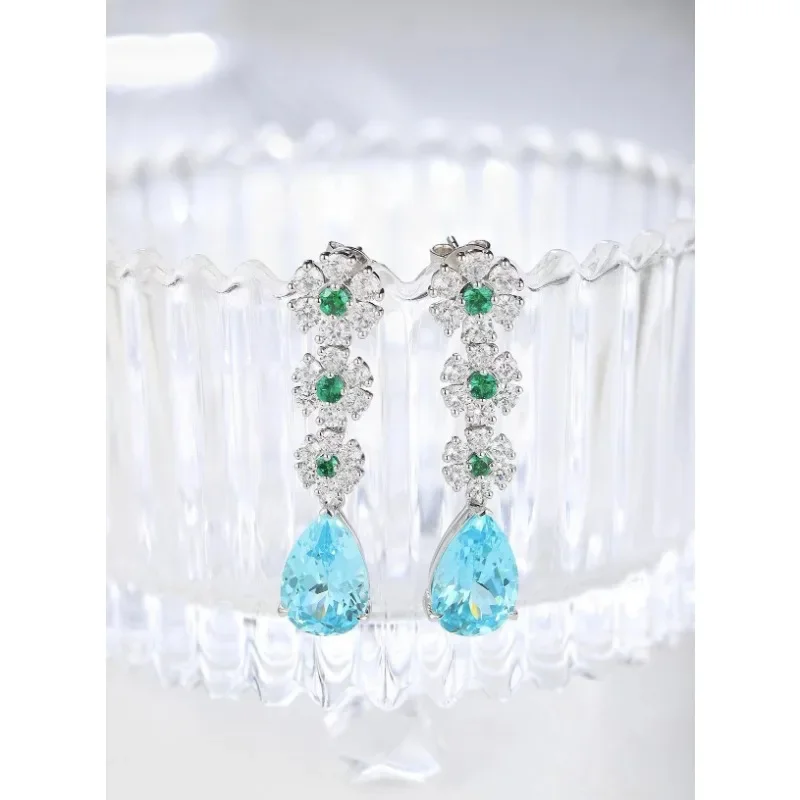 Ruihe Luxury Top Sale 925 Silver Lab Grown Paraiba Sapphire with Simulated Diamond Zirconia Green White Elegant Earrings Women