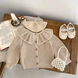 Children Clothing Versatile Style Baby Lotus Leaf Edge Collar Knitting Cardigan Sweater Soild Coat Autumn Season