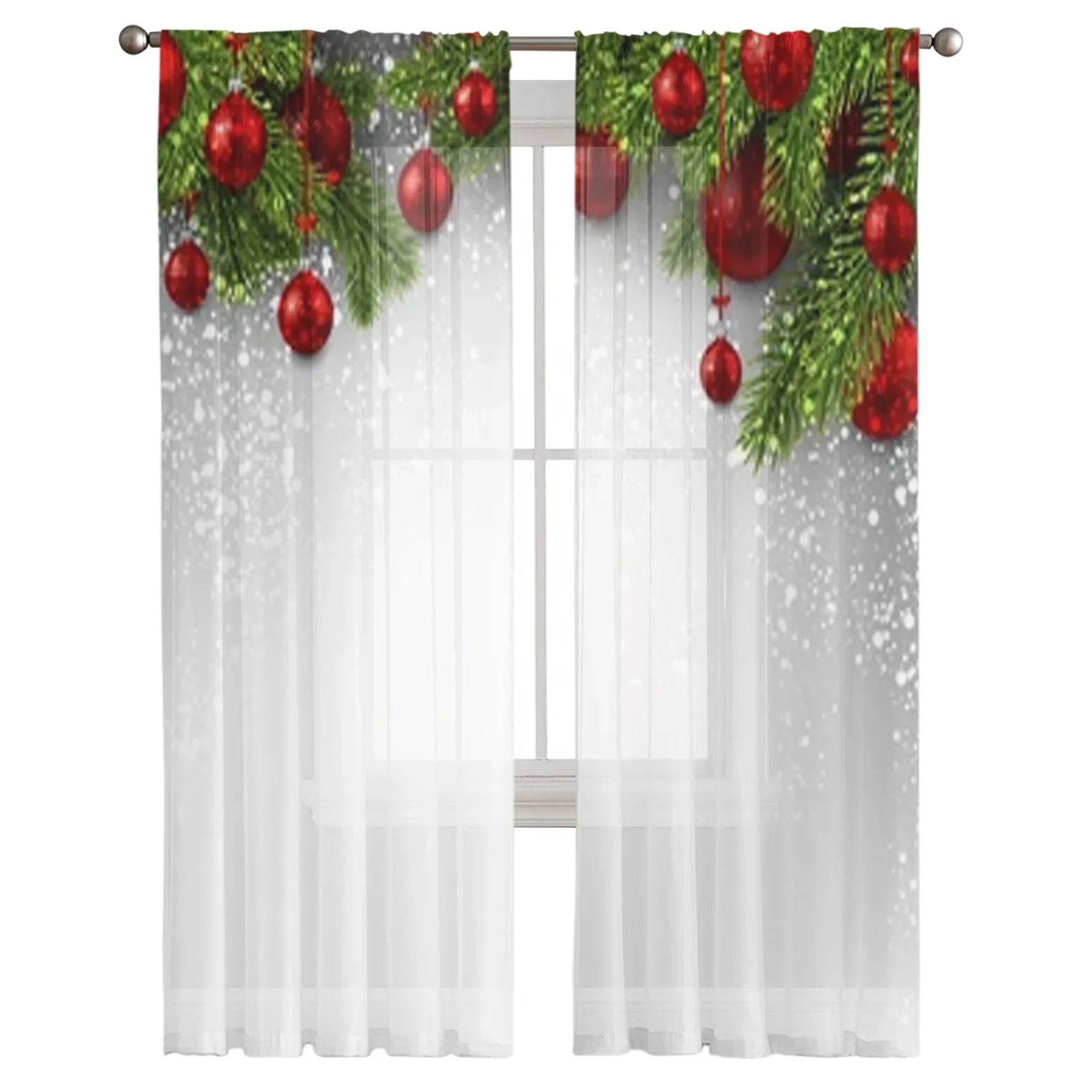 Christmas Balls And Snow Sheer Curtains For Living Room Bedroom Balcony Transparent Window Blinds Kitchen Drapes