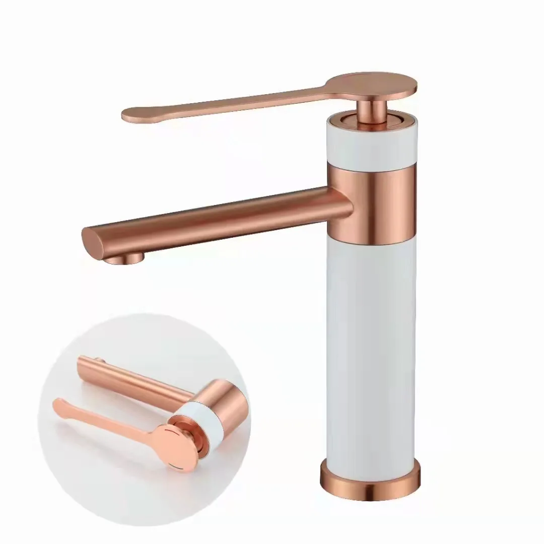 White Paint Copper Basin Faucet with Rose Golden Decor Washing bathroom sink faucet single Lever water tap  grifo dorado lavabo