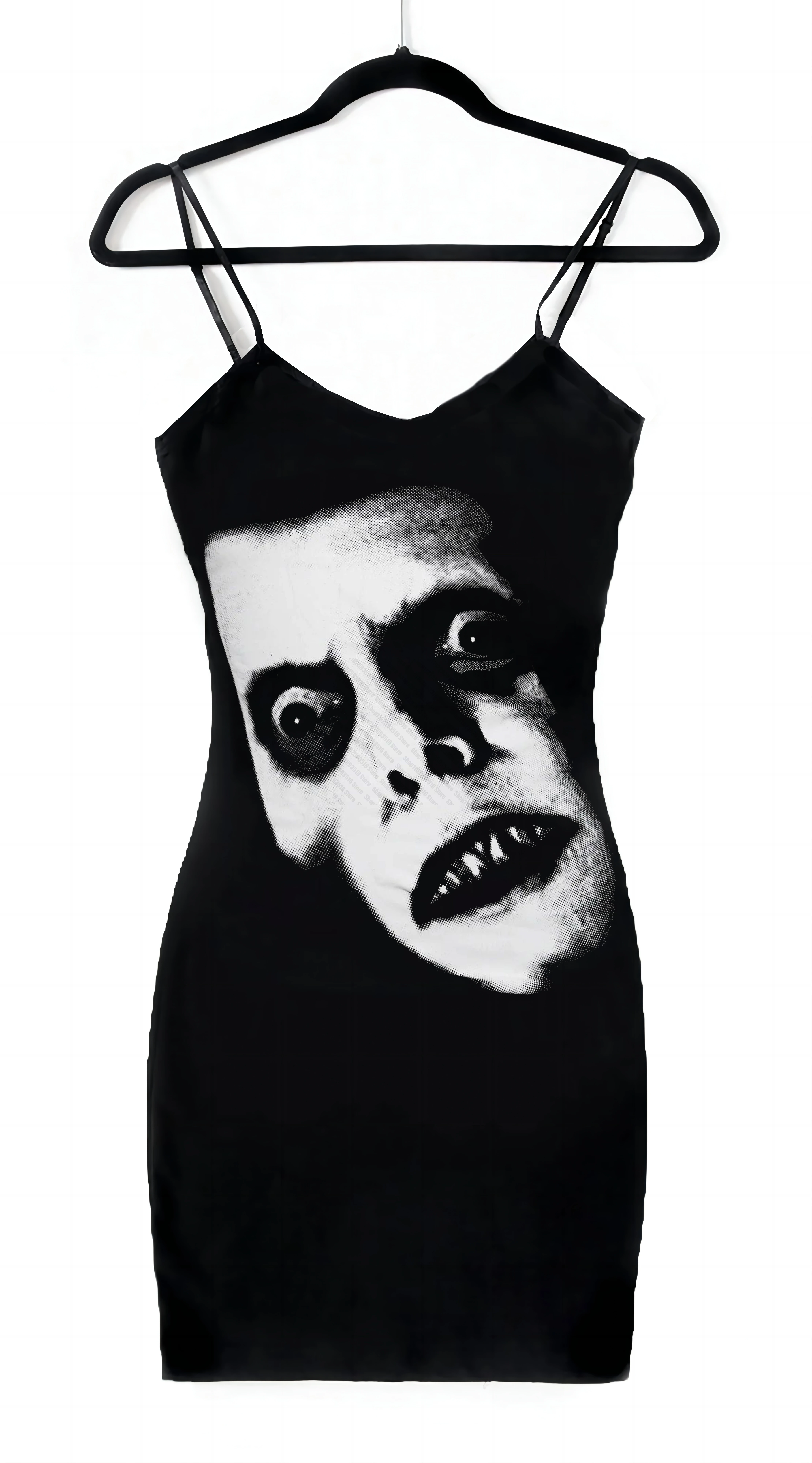 Mini vestido Sexy con estampado de cara Y2K para mujer, vestido ajustado con tirantes finos, negro, Espalda descubierta, fiesta nocturna, Club nocturno, ropa de calle emo