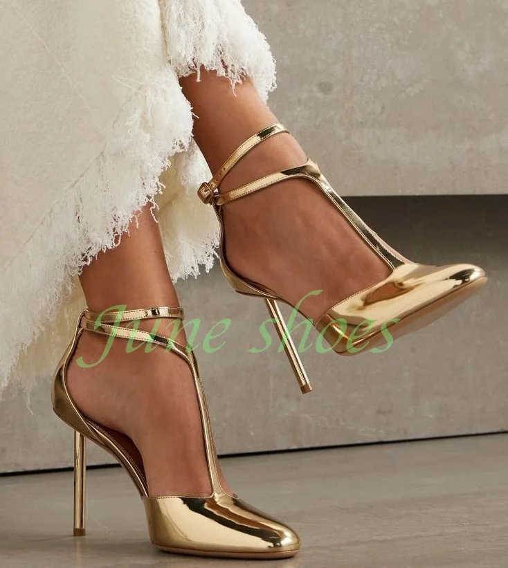 Lady Gold Metallic Pu Buckle Strap Pumps Mirror Glod Pu Cover Heel Elegant Gold Cut-Out Footwear Summer Runway Pumps Size 34-46