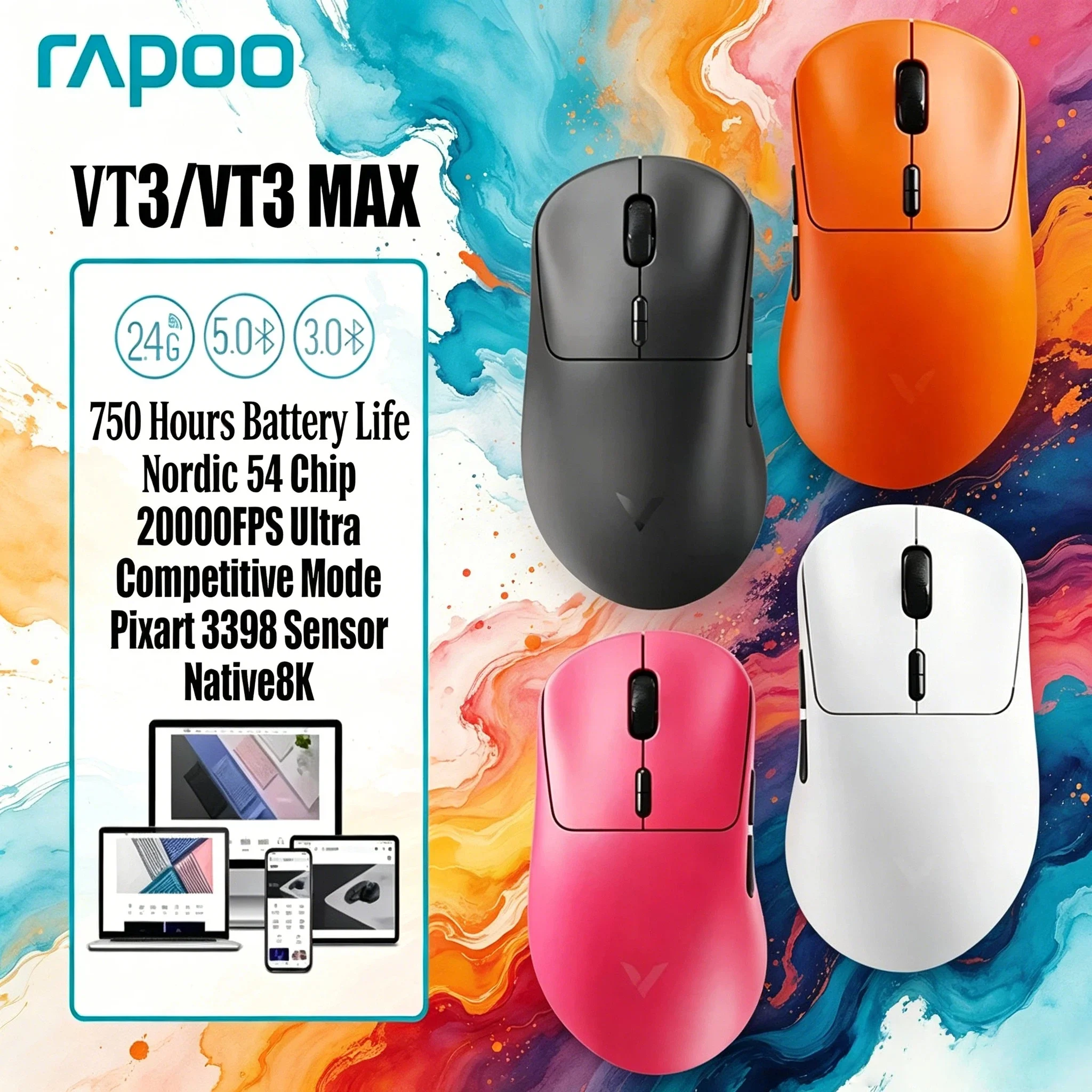 Rapoo VT3 MAX Wireless Gaming Mouse 53g Lightweight True 8K Polling Rate VT3 750Hr Battery Macro Enabled Storage