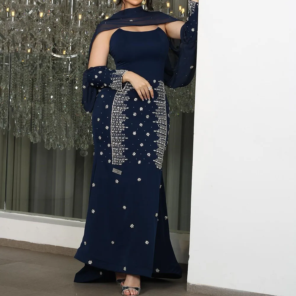 Vestidos de Noche de sirena personalizados, estola sin tirantes hasta el suelo, vestido de fiesta de manga corta, vestido de fiesta drapeado Simple de cristal a la moda