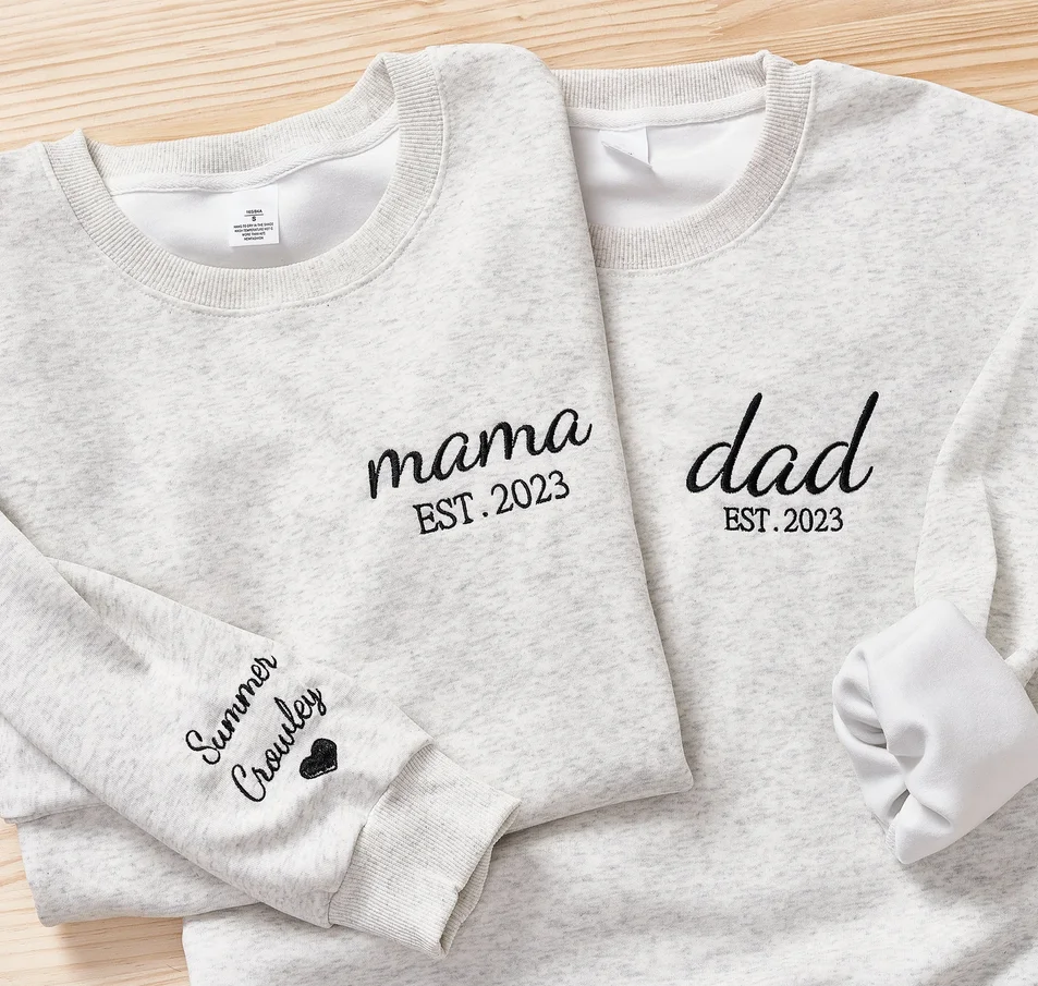 Custom Embroidered Sweatshirt, Kids Name On Sleeve With Heart, Grandpa Shirt With Date, Daddy Est Year Shirt, Gift For New Dad