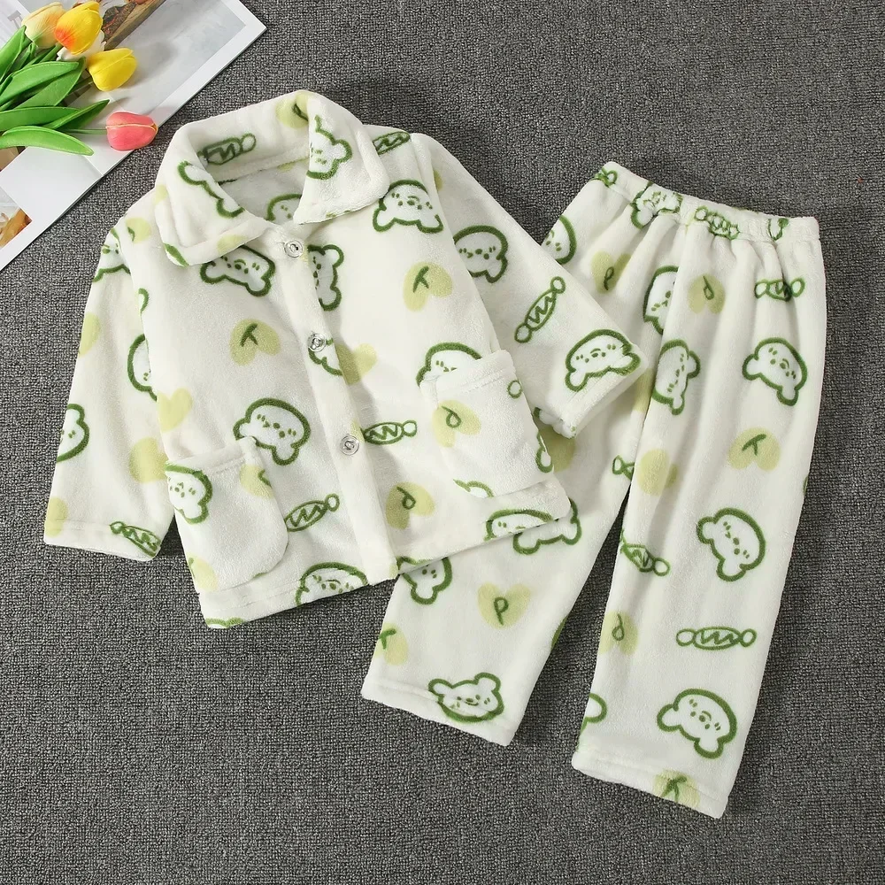 New 2024 Kids Boys Girls Autumn Winter Flannel Pajamas Cartoon Long Sleeve Lapel Tops with Pants Pyjamas Sleepwear Clothing Sets