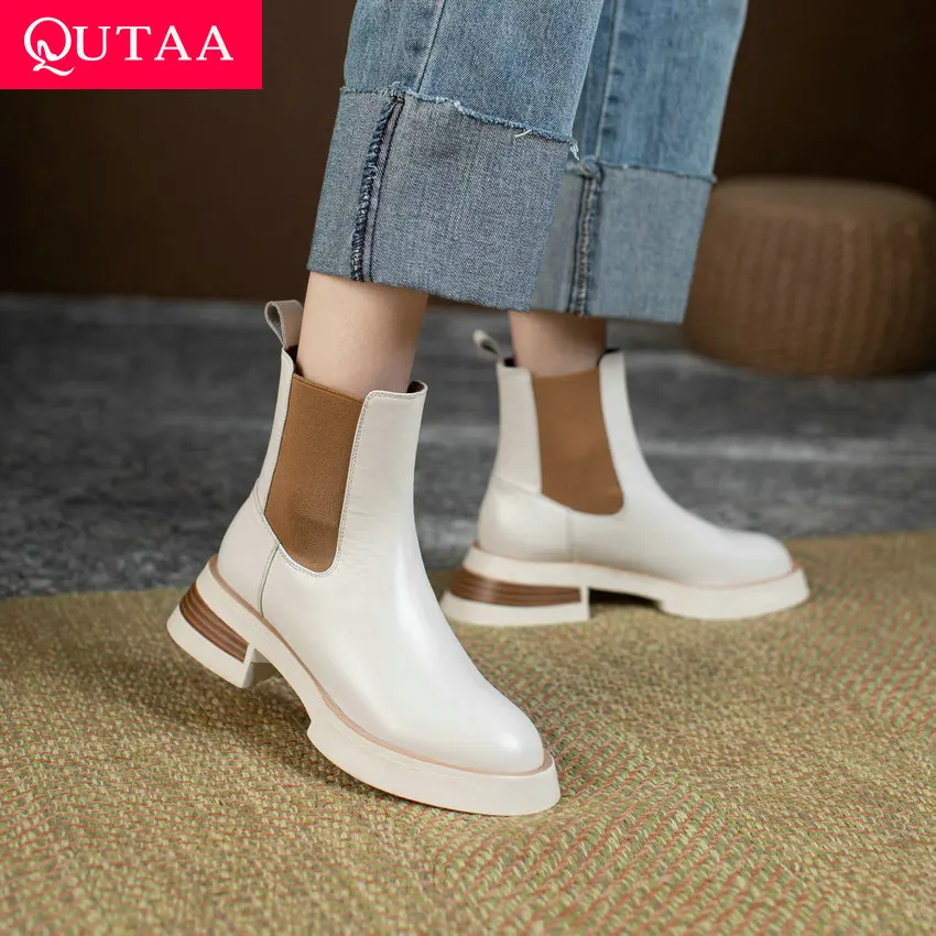 QUTAA 2024 Women Ankle Boots Chelsea Genuine Leather Platform Thick Med Heels Casual Shoes Woman Autumn Winter Size 34-39