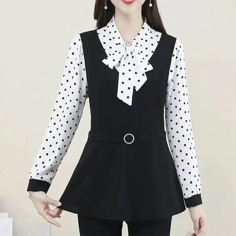 Autumn Winter Women\'s Fack Two Piece Print Pactchwork Bow Shirt Female Elegant Fashion Long Sleeve Blouse Office Lady Blusa Top