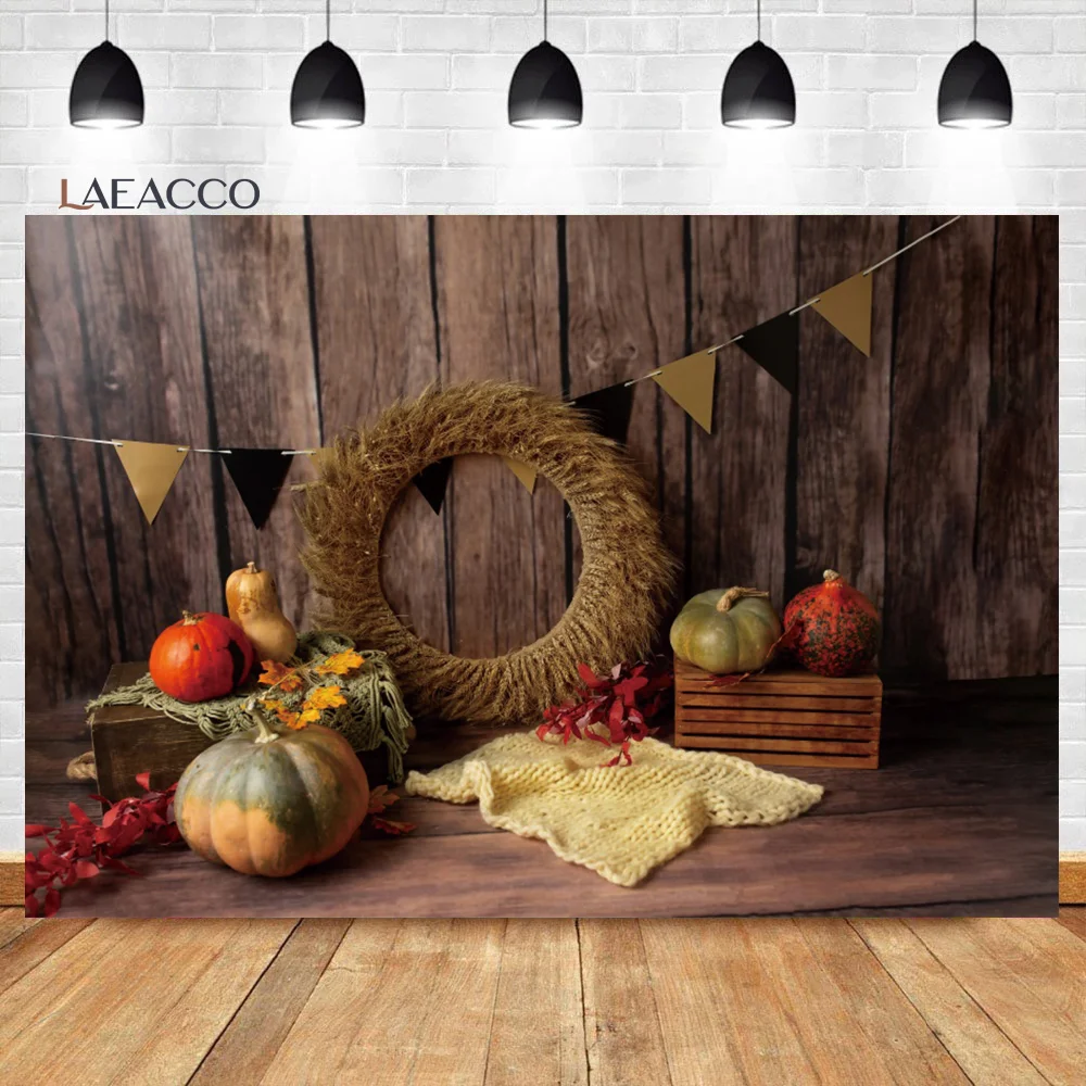 

Laeacco Halloween Pumpkin Backdrop Thanksgiving Autumn Gifts Rustic Wood Wall Birthday Party Portrait Photography Backgrounds