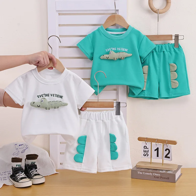 2026 Summer Casual Newborn Baby Boys Toddler Big Dinosaure Short Sleeve Tops Pants 2Pcs/set Cotton Kids Outfits Clothing