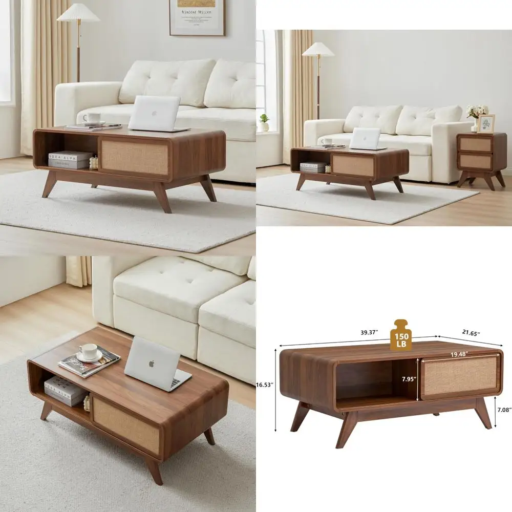 

Современный журнальный столик середины века с местом для хранения вещей, деревянный стол с изогнутыми краями и раздвижной льняной дверью, стиль фермерского дома