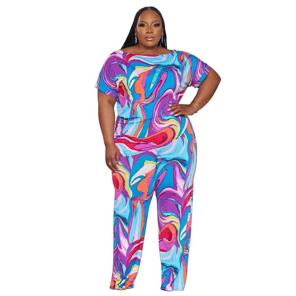 Printed Loose Fashion Two-piece Suit Women Plus Size Outfits Short Sleeves T Shirt Casual Pants 4XL 5XL