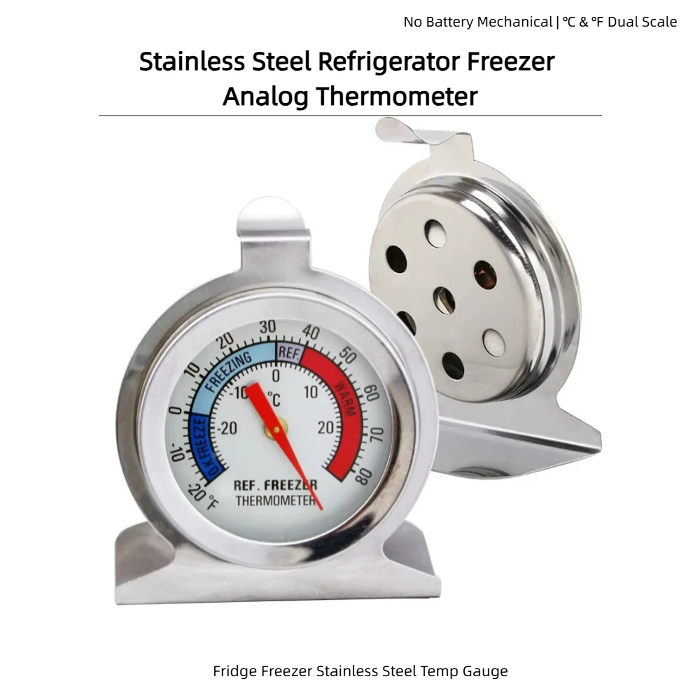 Stainless Steel Analog Fridge Freezer Thermometer Dual Scale ℃℉ Temp Gauge Hanging Stand Kitchen Cold Storage Meter