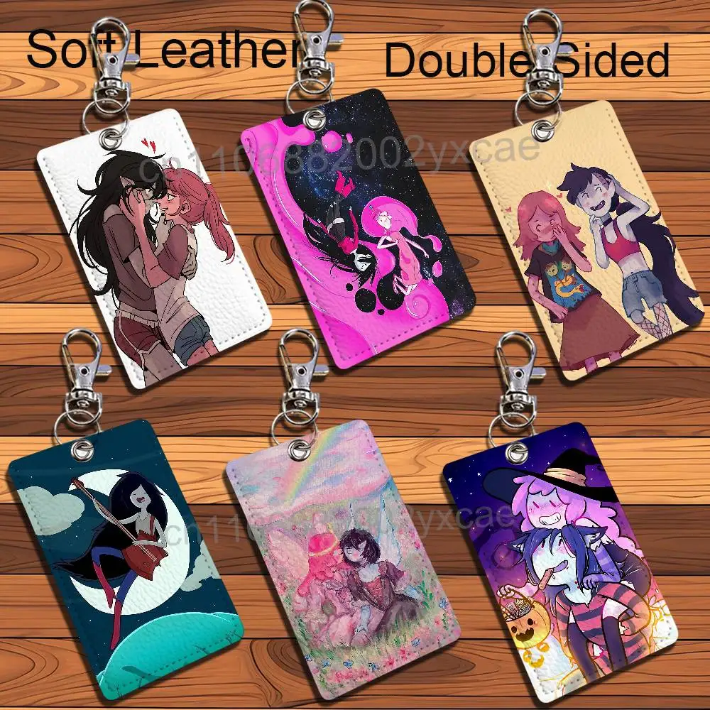 b-Bubbline Marcy and Bonnie Marceline Rectangle ID Card Case Keychain Access Card Bag Key Tag Ring Leather Card Holder Key Ring