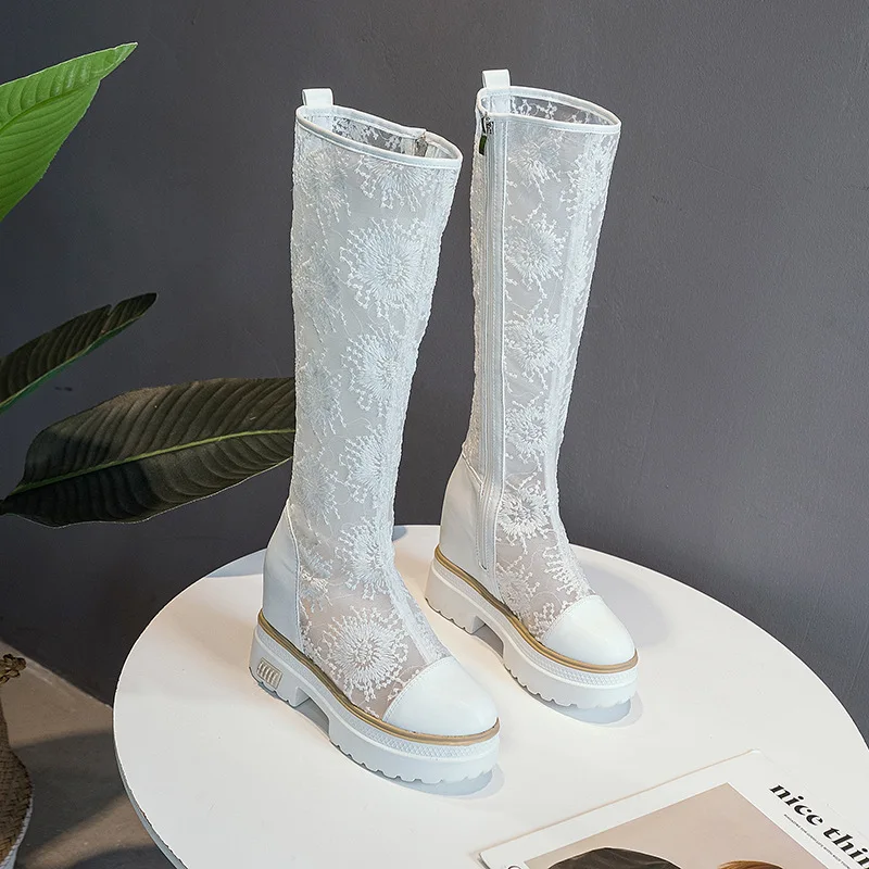 White Embroidered Mesh Boots for Spring/summer 2026 New Increase Length Boot  Mesh Breathable and Versatile Women\'s Boots  Shoes