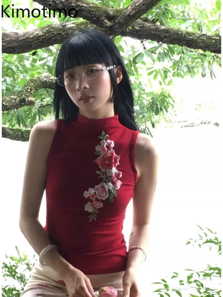 Kimotimo Vintage Red Embroidery Flower Turtleneck Vest Women Summer Y2k Aesthetic Slim Sleeveless Tops Elegant Outerwear Tanks