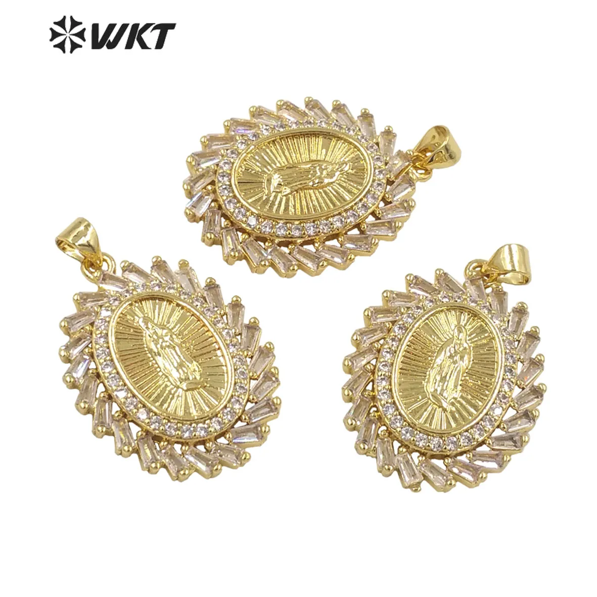 

WT-MP283 Wholesale Newest Design Oval Shape Religious Cubic Zircon Setting Around Virgin Mary Guadalupe Pendant