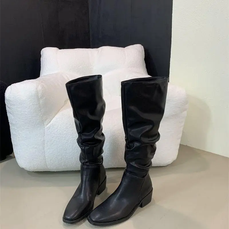 

Faionable Western Sle плиссированные ботильоны на массивном каблуке, женские высокие сапоги до середины икры, водонепроницаемые корейские ботинки на платформе, весна-осень