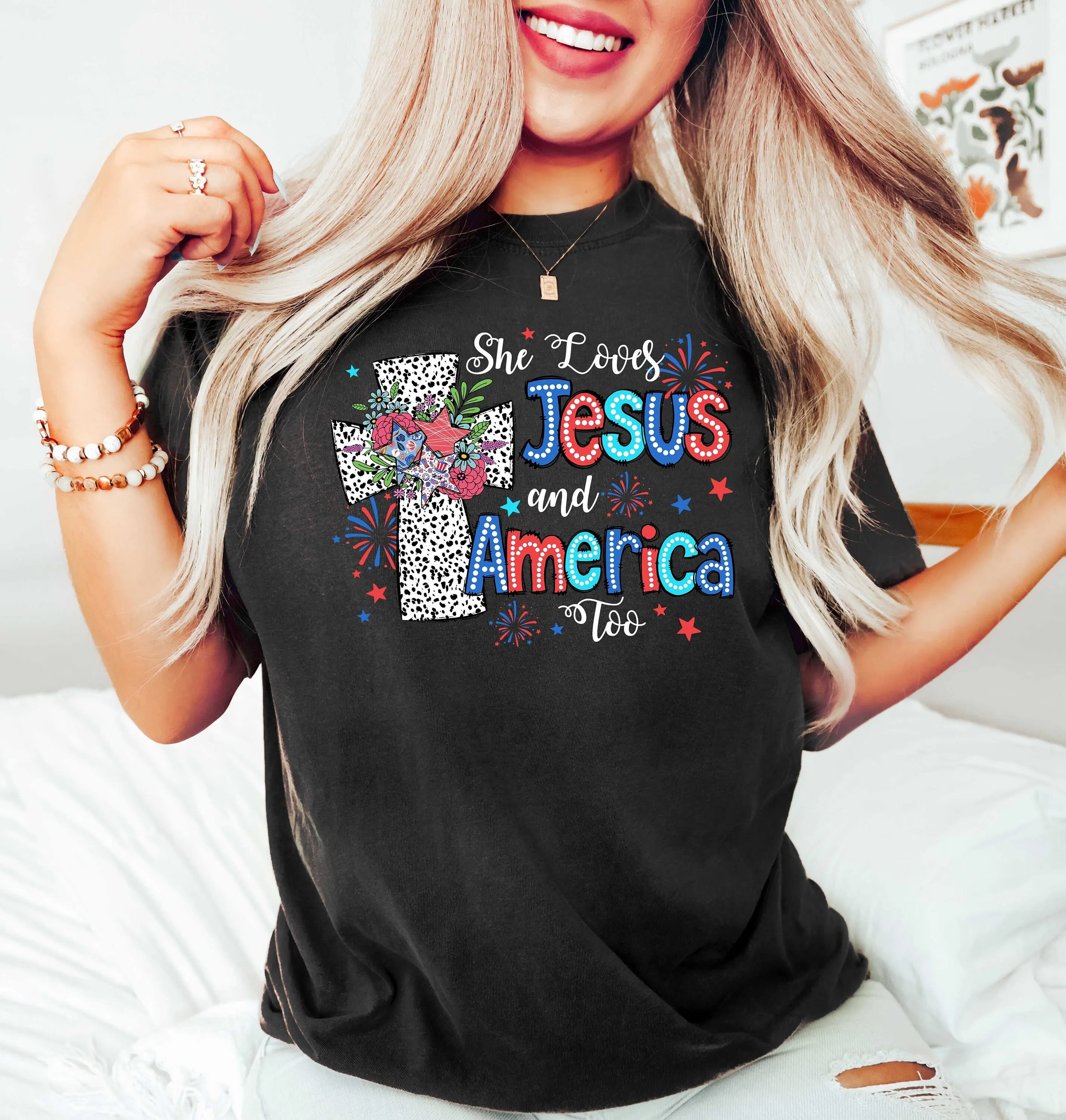 

Christian Independence Day T Shirt She Loves Jesus And America Too Fourth of July Flower Lover USA Floral Map