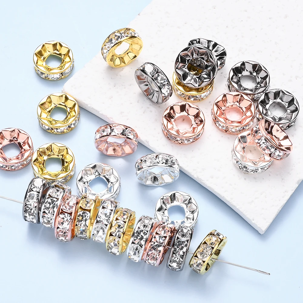 10 Stück 15mm Funkelnde Strass-Rondell-Abstandsperlen Metall-Design Kristall Lose Perlen für DIY-Bastelarbeiten, Perlenstifte, Schmuckherstellung – Detail 4