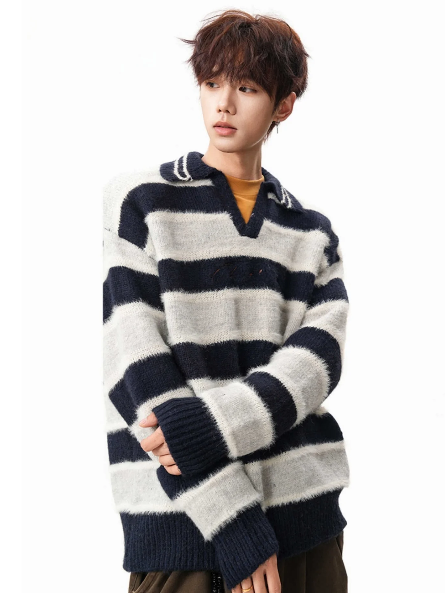 

Американский ретро-свитер с вышивкой, в полоску, с цветовыми блоками, утолщенный, вязаный, свободного кроя, в стиле оверсайз, для мужчин и женщин, осень-зима