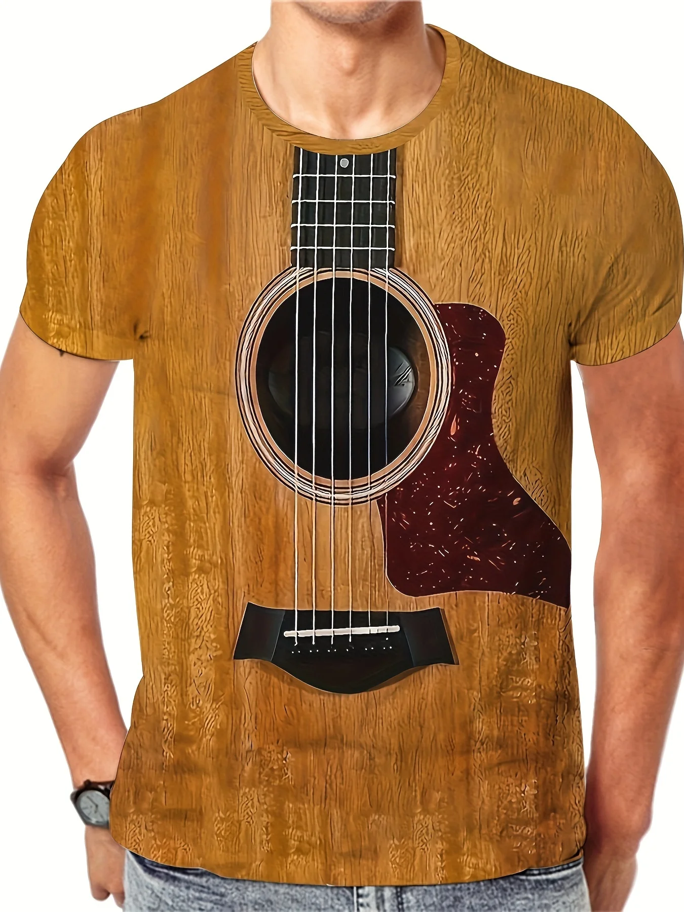 3D Guitar Print Men\'s Novelty Short Sleeve Crew Neck T-shirt, Summer Outdoor Leisure Holiday