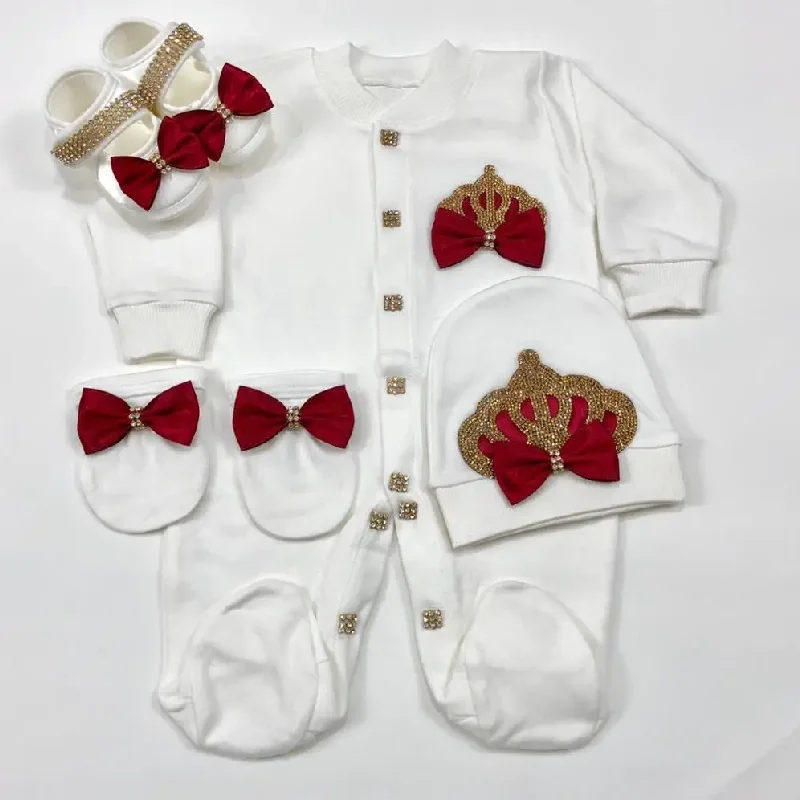 Origin Turkey 4 Pieces Taking me Home Newborn Hospital Nursery Photography Onesie Set Bling Crown Jewelry Romper Layette Set