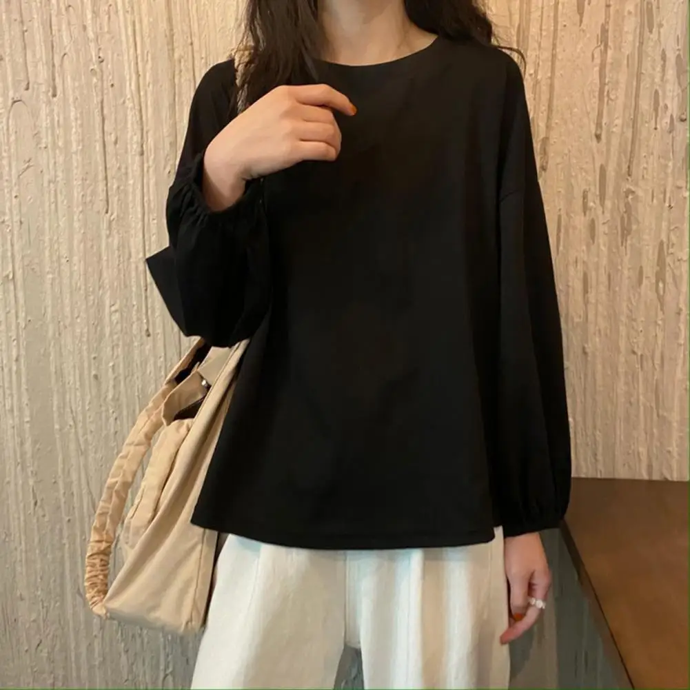 Women Tee Stylish Women's Long Sleeve T-shirt Collection Round Neck Lantern Sleeve Tee Soft Stretchy Pullover Top for Daily Wear