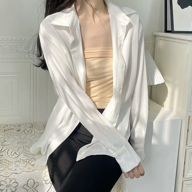 Fashion White Simplicity Shirt Tops Spring Autumn New Polo Neck Long Sleeve Loose Solid Blouse Sweet Elegant Women Clothing