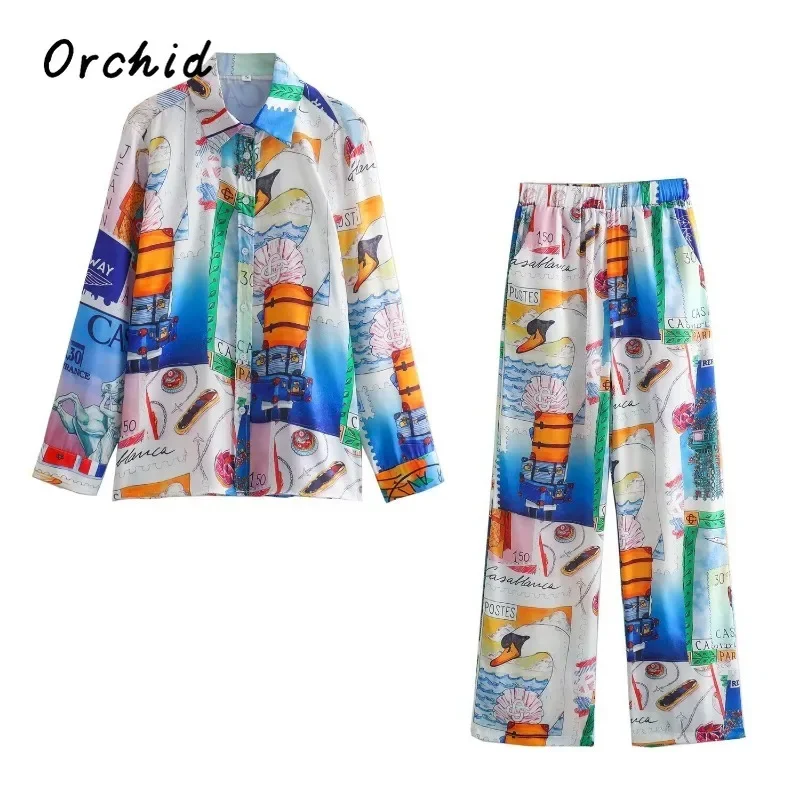 

Y2K 2000S Fashion Casual Two-piece Set Women Spring Long Sleeve Shirt + Loose Fit Trousers Sets Paint Printting Pants Suits