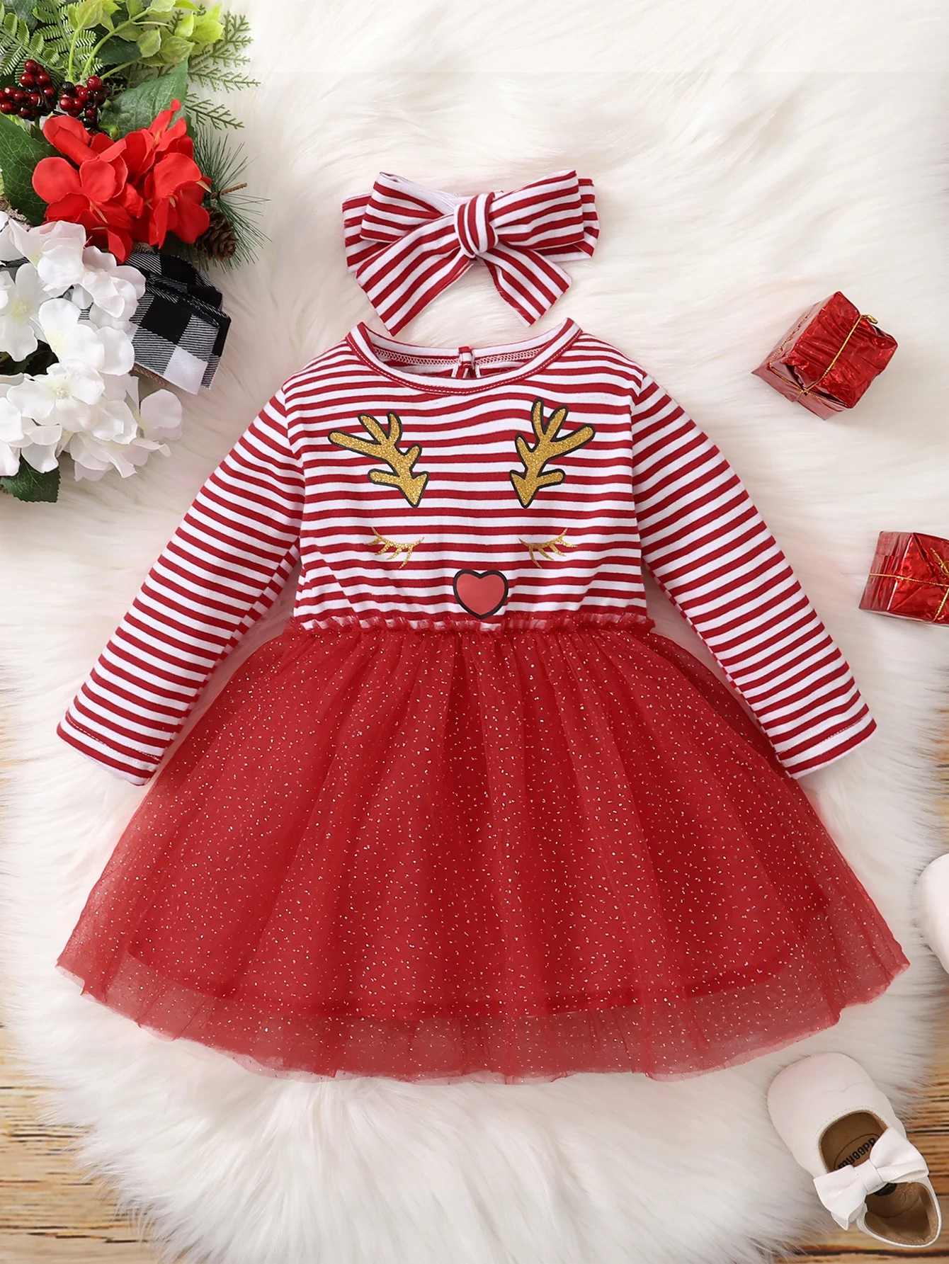 Baby Girl Autumn/winter Red Striped Christmas Deer Mesh Long Sleeved Dress