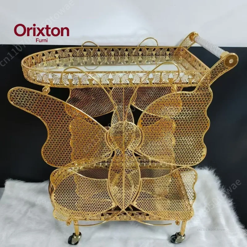 3 Layer Luxury Gold Metal Spiral Serving Cart, Ornate Lace-Cut Rolling Bar Cart, Elegant Drinks Trolley for Hotel & Home Bar