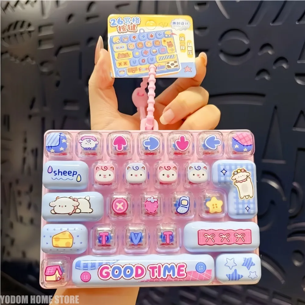 26-Key Decompression Button Toy Squeeze Keyboard Keychain Stress Relief Clicker Keyring Cartoon Animals Keyboard Keychains Gifts