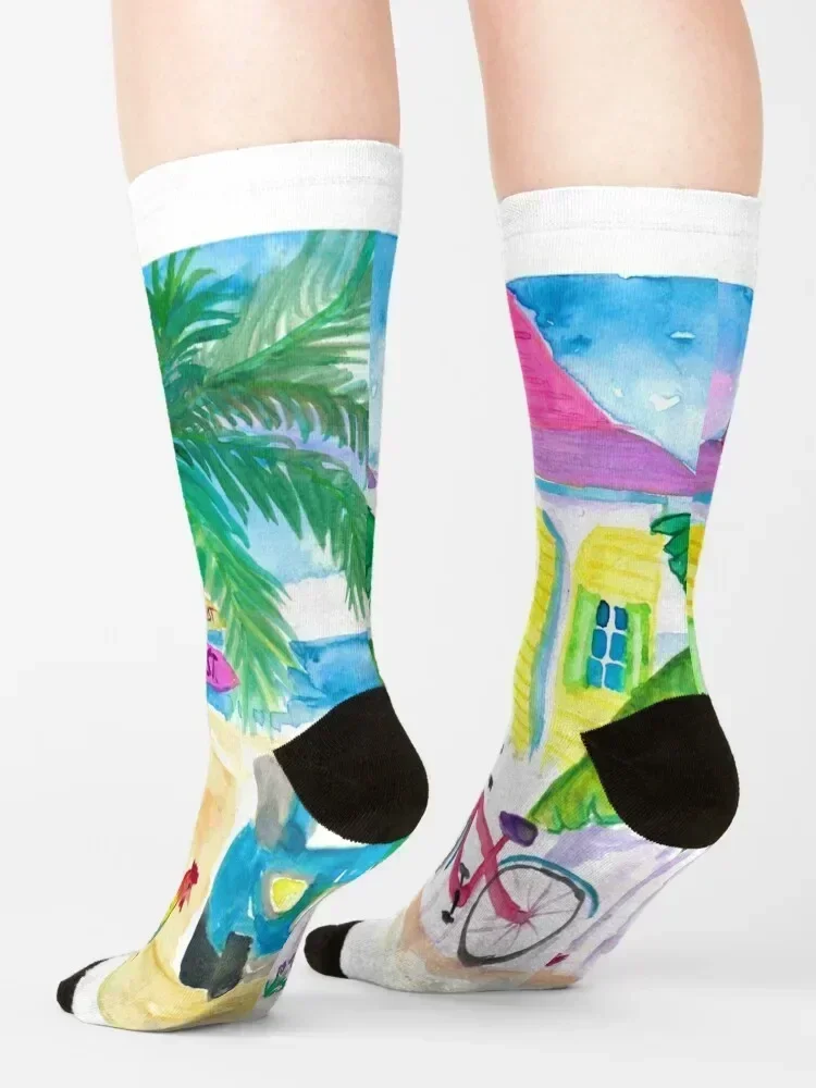 Yellow Conch House Tropical Street Scene With Bike and Rooster Socks Stockings Sports funny gifts Socks Girl Men's