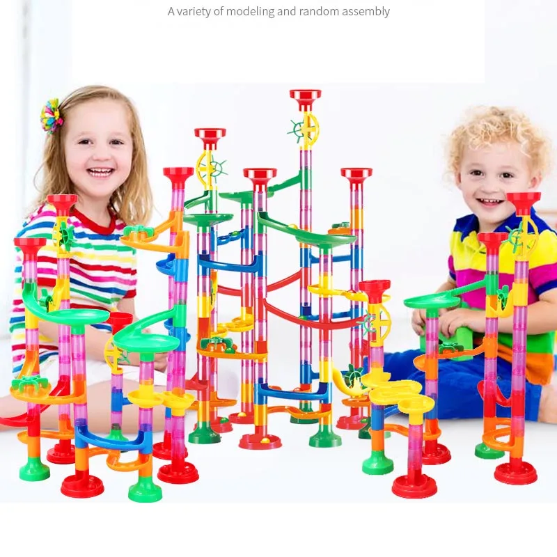 الرخام تشغيل سباق المسار اللبنات الاطفال DIY متاهة الكرة لفة لعبة الرخام تشغيل سباق كوستر مجموعة أنابيب الشريحة الرخام لغز اللعب