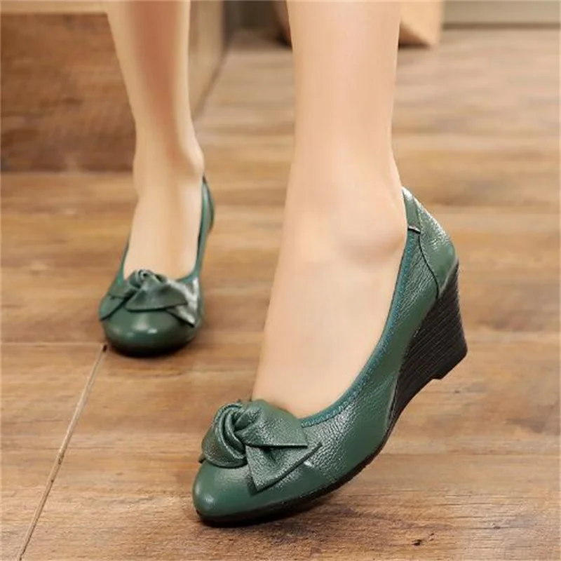 ZXRYXGS 2024 New Fashion Bow Spring Shoes Woman Wedges High Heeled Shoes Elegant Comfortable Cowhide Leather Shoes Women Shoes