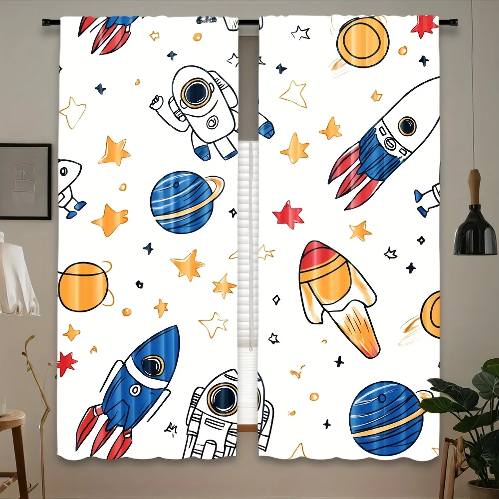 2pc Space graffiti astronaut rocket curtains, machine washable polyester, suitable for living rooms, bedrooms, and offices.