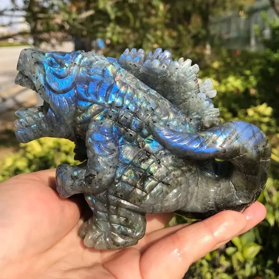 1pcs Natural Labradorite Quartz Dinosaur Carved Powerful Animal Statue Healing Crystal Crafts For Home Decoration Accessories