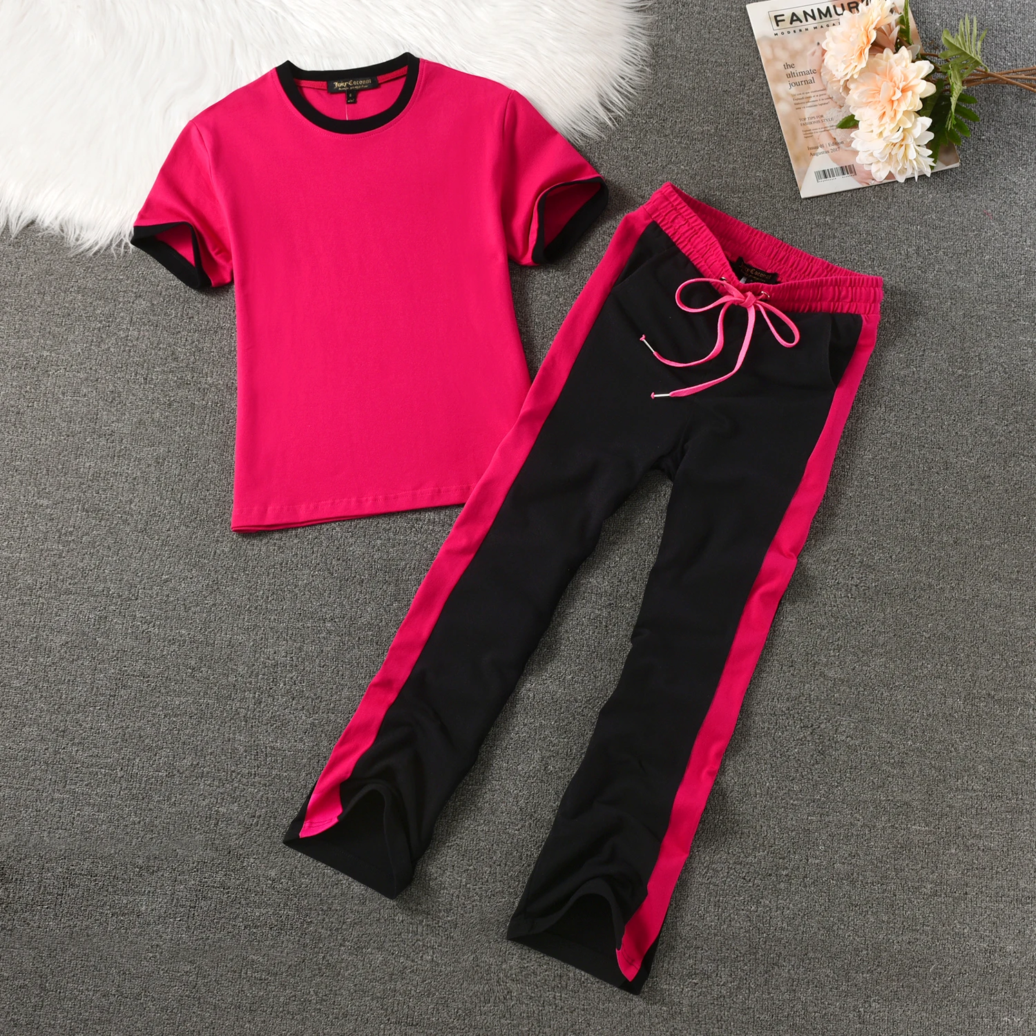 100% Pure Cotton Women\'s Suit, Outdoor Sports Short-Sleeved Suit, Trousers Suit, Casual Color Matching T-Shirt + Sports Trousers