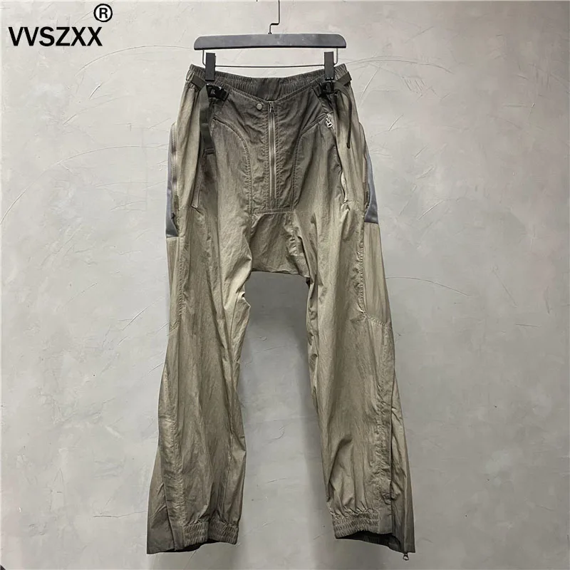 Wasteland Style Vintage Zipper Splicing Casual Pants Men Washing Dirty Staining Distressed Loose Trousers Male